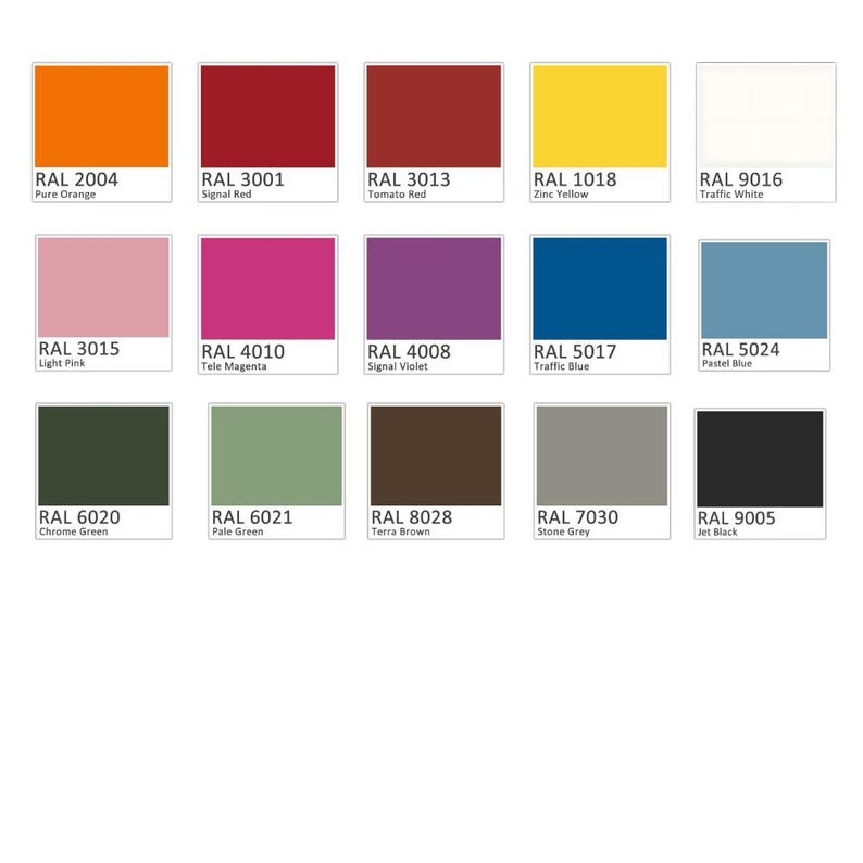 May include: A collection of color swatches, each displaying a different shade with its corresponding RAL code. Colors include Pure Orange, Signal Red, Zinc Yellow, and Jet Black. The image is a color palette reference.