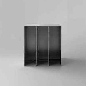 May include: A rectangular storage unit made of dark gray metal, featuring a flat top surface and three vertical compartments separated by two internal dividers, creating three distinct open sections for organized storage and display.