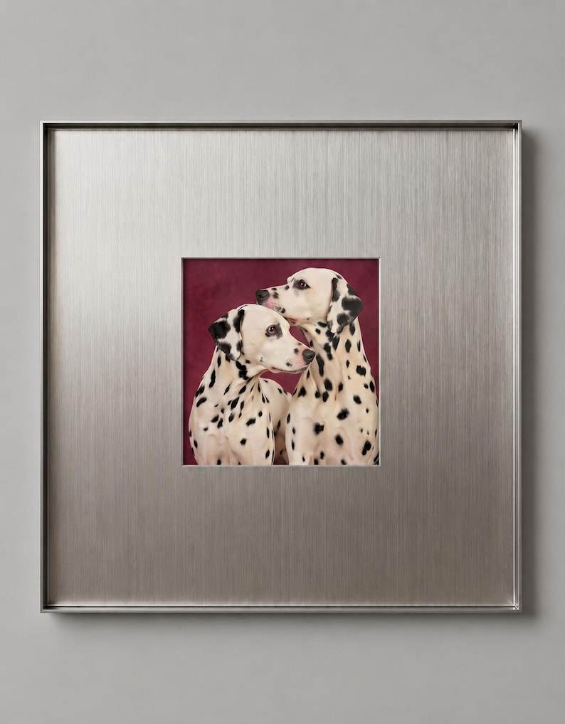 May include: A square wall art piece featuring a portrait of two Dalmatian dogs with white coats and black spots. The dogs are positioned against a deep burgundy background. The artwork is encased in a wide, brushed silver metal frame.