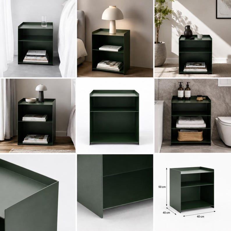 Puede incluir: Una mesita de noche de metal verde oscuro con dise&ntilde;o de estantes abiertos y un borde elevado en la parte superior. La unidad tiene un marco rectangular y mide 50 cm de alto, 40 cm de ancho y 40 cm de profundidad seg&uacute;n el diagrama.