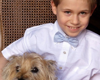 Boys Bow Tie In Seersucker Blue and White Checks