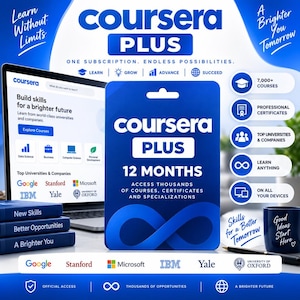 May include: A blue Coursera Plus 12-month subscription card featuring the text 'One Subscription. Endless Possibilities.' and 'Access Thousands of Courses, Certificates and Specializations.' A laptop screen displays the Coursera website with university logos.