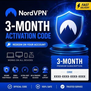 Puede incluir: Una tarjeta digital de código de activación de 3 meses de NordVPN con un logotipo de escudo azul sobre un pedestal. El gráfico muestra texto que incluye 3-MONTH ACTIVATION CODE, REDEEM ON YOUR ACCOUNT y un espacio para un código.