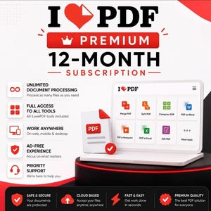 Può includere: Un grafico digitale per un abbonamento iLovePDF Premium di 12 mesi. Presenta un computer portatile che mostra strumenti PDF, un'icona di documento con un segno di spunta rosso e un elenco di vantaggi tra cui l'elaborazione illimitata.