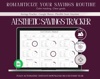 May include: Aesthetic Savings Tracker displayed on a laptop screen. The image features text that reads "Romanticize Your Savings Routine" and "Aesthetic Savings Tracker." The laptop screen shows a savings dashboard with various financial tracking elements.
