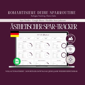 Può includere: Uno schermo di un laptop mostra un dashboard finanziario con grafici. Il testo in tedesco recita "ÄSTHETISCHER SPAR-TRACKER" e "ROMANTISIERE DEINE SPARROUTINE." Sono presenti icone per obiettivi di risparmio, risparmio e valute multiple. È visibile una bandiera tedesca.