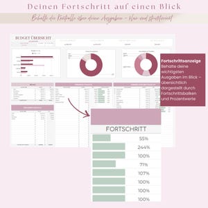 May include: A digital spreadsheet with financial data, charts, and progress indicators. The text includes "Budget Overview" and "Progress". The color scheme is primarily white, with accents of burgundy and green. The image is designed to track expenses.