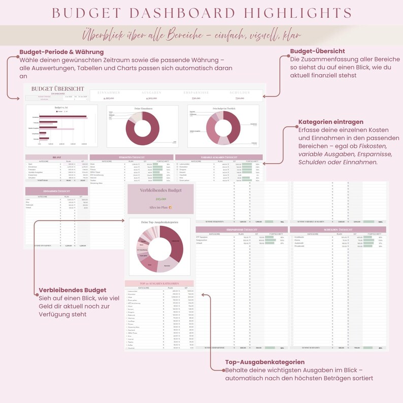 May include: A digital budget dashboard with charts and tables. The dashboard highlights budget periods, currency options, and budget overviews. It includes sections for entering categories and tracking top expenses. Text on the image reads "Budget Dashboard Highlights."