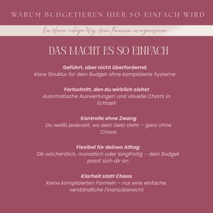 May include: A burgundy graphic with white text promoting easy budgeting. The text includes phrases like "Clear structure for your budget" and "Progress you really see." The image is designed to help organize finances.