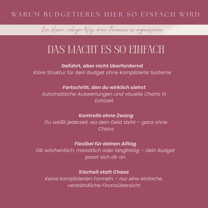 May include: A burgundy graphic with white text promoting easy budgeting. The text includes phrases like "Clear structure for your budget" and "Progress you really see." The image is designed to help organize finances.