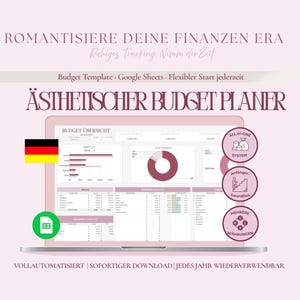 May include: A laptop screen displays a budget planner with charts and data. The screen shows the German flag and the words "&Auml;STHETISCHER BUDGET PLANER". Additional text includes "Budget Template", "Google Sheets", and "All-in-One System".