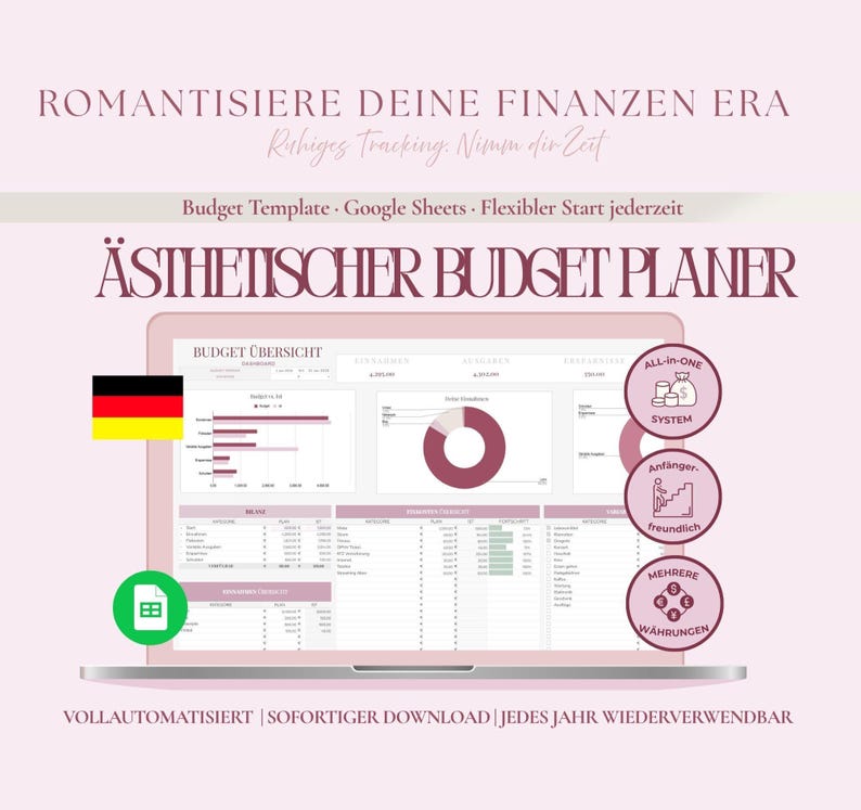 May include: A laptop screen displays a budget planner with charts and data. The screen shows the German flag and the words "&Auml;STHETISCHER BUDGET PLANER". Additional text includes "Budget Template", "Google Sheets", and "All-in-One System".