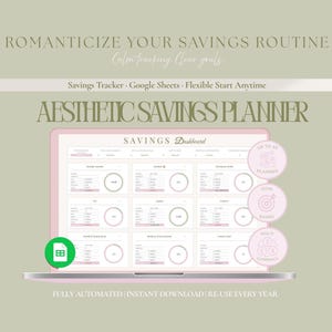 May include: Aesthetic savings planner on a pink laptop screen. The dashboard displays financial categories. Text includes: "Romanticize Your Savings Routine" and "Aesthetic Savings Planner." The planner is fully automated.