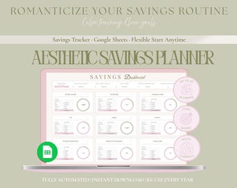 May include: Aesthetic savings planner displayed on a pink laptop screen. The screen shows a dashboard with various financial categories. The image includes text: "Romanticize Your Savings Routine" and "Aesthetic Savings Planner."