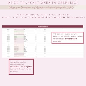 May include: A digital spreadsheet with financial data, featuring text in German. The image includes the phrases "DEINE TRANSAKTIONEN IM &Uuml;BERBLICK" and "Einnahmen und Ausgaben". The spreadsheet is designed to track income and expenses.