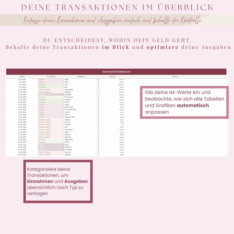 May include: A digital spreadsheet with financial data, featuring text in German. The image includes the phrases "DEINE TRANSAKTIONEN IM &Uuml;BERBLICK" and "Einnahmen und Ausgaben". The spreadsheet is designed to track income and expenses.