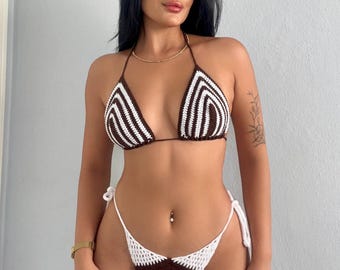 Boho Crochet Bikini Set, Brown and White Cotton Swimwear, Handmade