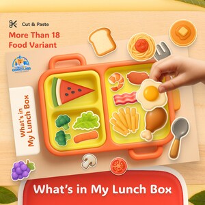 Puede incluir: Una lonchera de juguete naranja y amarilla con varios recortes de comida, incluyendo una rodaja de sandía, brócoli y un huevo frito. El texto "What's in My Lunch Box" es visible. La imagen también incluye el texto "Cut & Paste More Than 18 Food Variant."