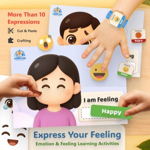 May include: Educational activity set with illustrations of children's faces and various emotions. Includes the text "More Than 10 Expressions", "Cut & Paste", "Crafting", and "Express Your Feeling". Features a child's hand interacting with the illustrations.