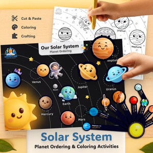 Può includere: Un colorato set di attività educative sul sistema solare. Il set include un poster nero con illustrazioni dei pianeti, un foglio da colorare e pezzi di pianeti da ritagliare. Il poster recita "Our Solar System" e "Planet Ordering & Coloring Activities".