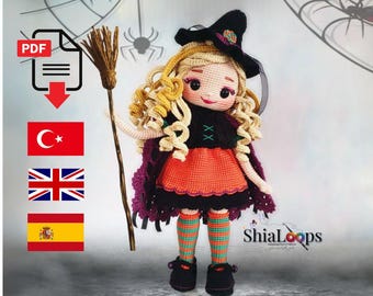 Patrón en PDF - Muñeca amigurumi Elyra de bruja - Tutorial de crochet - Descarga instantánea