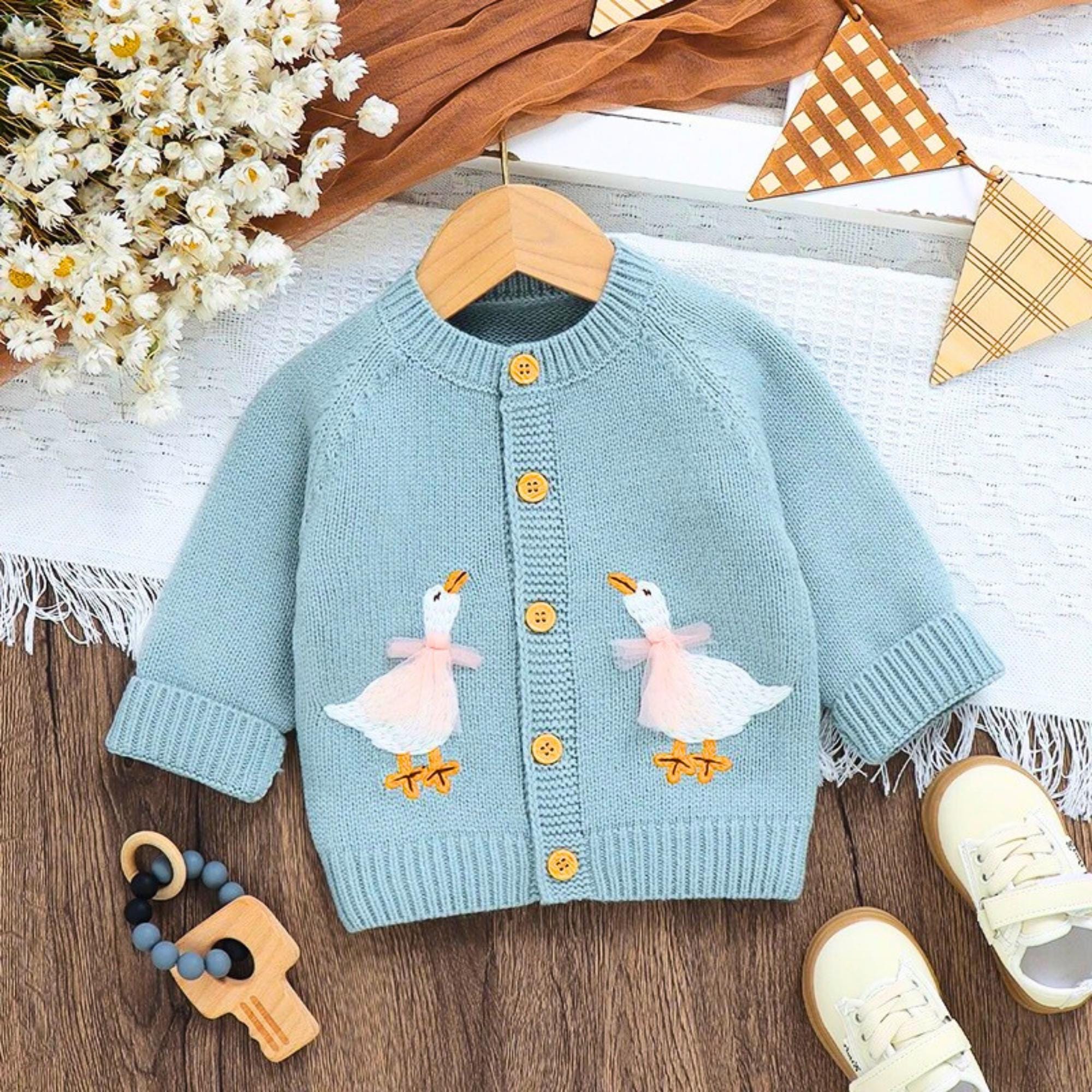 Knitted Baby Cardigan with Duck Embroidery Unisex Baby Sweater Cute Infant Knit Top Optional Matching Hat Baby Clothes