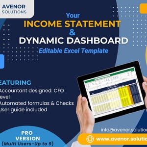Könnte beinhalten: Werbung für eine Excel-Vorlage für Gewinn- und Verlustrechnungen und dynamische Dashboards. Ein Tablet zeigt eine Tabelle, die von Händen gehalten wird. Der Text enthält "Income Statement & Dynamic Dashboard" und "Editable Excel Template."