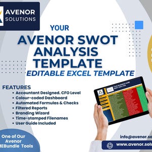 Könnte beinhalten: Ein Tablet zeigt eine Excel-Vorlage für die SWOT-Analyse mit der Bezeichnung "Avenor SWOT Analysis Template". Zu den Funktionen gehören ein farbcodiertes Dashboard und automatisierte Formeln. Das Bild zeigt auch den Text "Pro Version" und "Editable Excel Template".