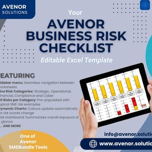 Könnte beinhalten: Ein Tablet-Bildschirm mit einer Vorlage für eine Business-Risiko-Checkliste mit Diagrammen und Daten. Das Bild enthält den Text "AVENOR BUSINESS RISK CHECKLIST" und Funktionen wie ein Seitenmenü und dynamische Diagramme. Die Vorlage ist für eine bearbeitbare Excel-Datei.