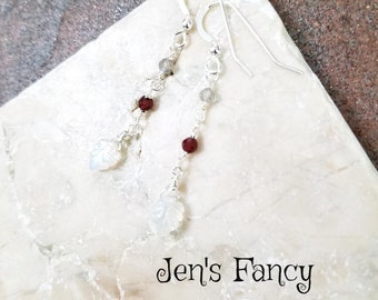 Moonstone Leaf Earrings with Garnet & Labradorite, Natural Gemstone Sterling Silver Handcrafted Jewelry Jewellery, Jen's Fancy, Gift for Her