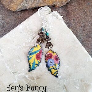 Yellow Floral Enameled Earrings Sterling Silver, Turquoise Gemstone Earrings, Jen&#39;s Fancy, Gift for Her, Unique Enameled Handcrafted Jewelry