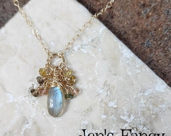 Labradorite & Tourmaline Necklace Gold Filled Wire Wrapped, Genuine Labradorite Gemstone Healing Crystal Jewelry