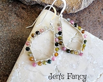 Tourmaline Earrings Sterling Silver Wire Wrapped, Tourmaline Natural Gemstone Jewelry, Jen's Fancy, Gift for Her