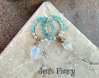 Peruvian Amazonite Gemstone Earrings Sterling Silver Wire Wrapped, Moonstone Natural Gemstone Jewelry, Jen's Fancy, Gift for Her