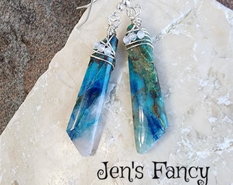 Long Gemstone Earrings Sterling Silver Wire Wrapped Chrysocolla, Gift for Her, Quality Handcrafted Chrysocolla Gemstone Jewelry, Jen's Fancy