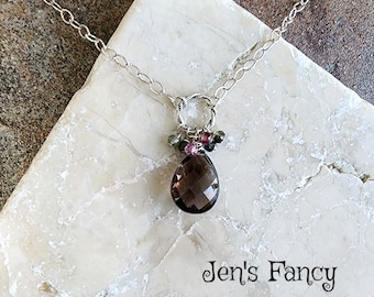Smokey Quartz Gemstone Tourmaline Cluster Necklace Sterling Silver, Handcrafted Gemstone Briolette Jewelry, Jen's Fancy, Gift for Her