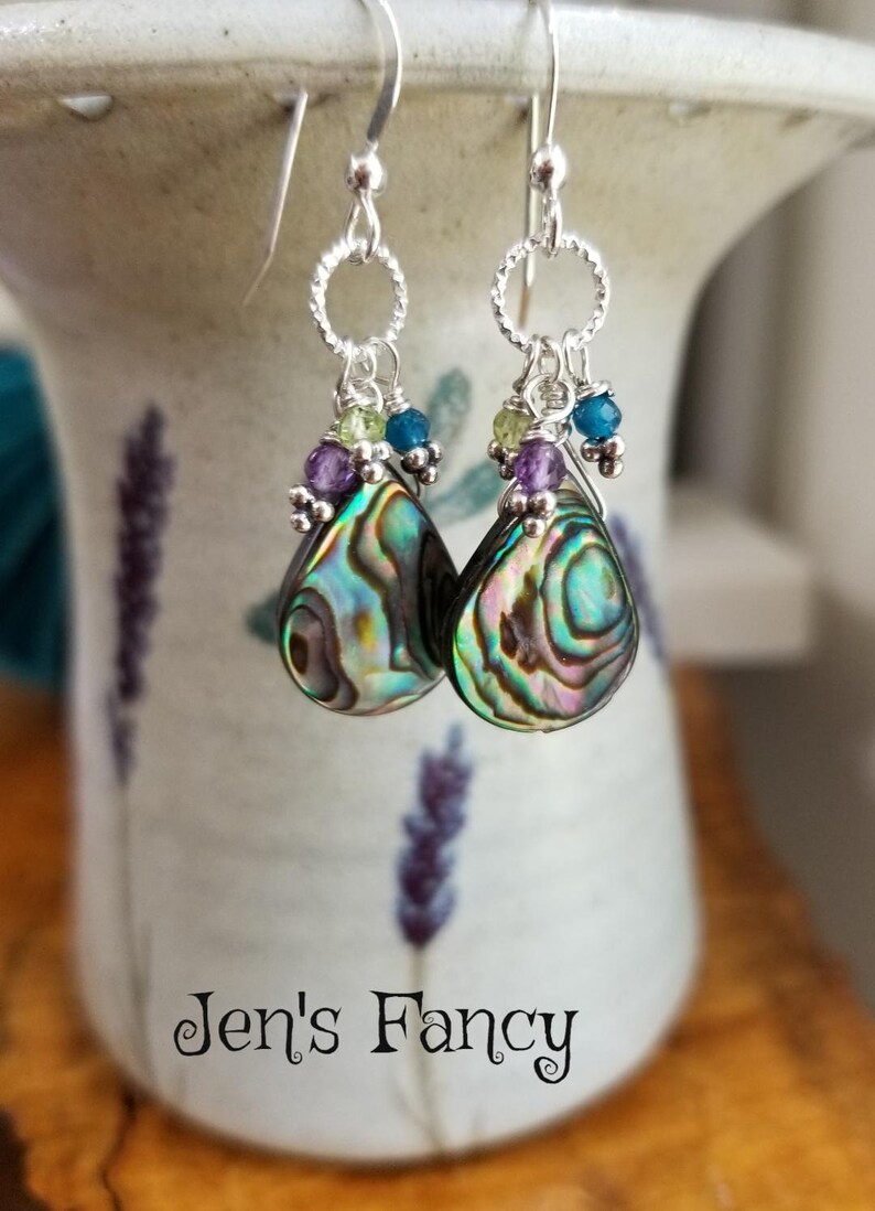 Pendientes de concha de paua de abulón con perita de amatista Apatita imagen 1