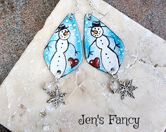 Snowman Enameled Earrings Sterling Silver, Unique Snowman Jewelry, Long Boho Winter Earrings, Jen's Fancy, Gift for Her, Snowman Jewellery