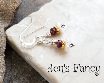 Garnet & Pearl Earrings Sterling Silver and Gold Vermeil, Natural Gartnet Handcrafted Jewelry, Jen's Fancy, January Birthstone Gift for Her
