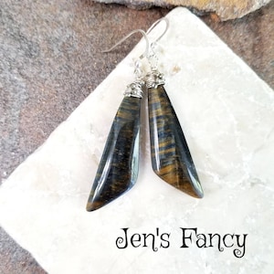 Blue Tigers Eye Earrings Sterling Silver Wire Wrapped, Handcrafted Natural Gemstone Blue Tiger&#39;s Eye Jewelry, Jen&#39;s Fancy, Gift for Her