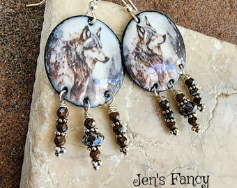 Wolf Enameled Earrings Sterling Silver, Boulder Opal Gemstone Earrings, Jen's Fancy, Gift for Her, Unique Enameled Handcrafted Wolf Jewelry