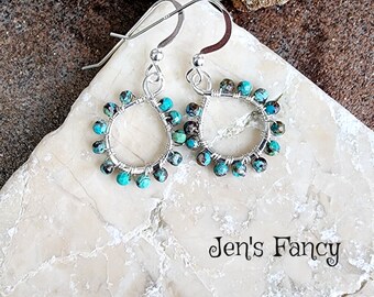 Natural Turquoise Earrings Sterling Silver Wire Wrapped, Gemstone Earrings, Turquoise Natural Gemstone Jewelry, Jen's Fancy, Gift for Her