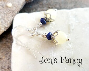 Yellow Calcite & Lapis Earrings Sterling Silver, Genuine Lapis Lazuli Gemstone Jewelry, Gift for Her, Jen's Fancy, Lapis Gemstone Jewellery