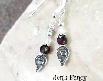 Natural Garnet Earrings Bali Sterling Silver, Handcrafted Natural Garnet Gemstone Jewelry, Jen's Fancy, January Birthstone Gift for Her