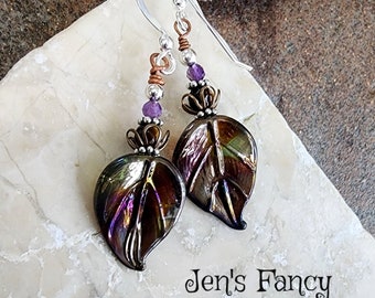 Leaf Art Glass Earrings with Amethyst Brass & Sterling Silver, Handcrafted Leaf Gemstone Jewelry, Gift for Her, Jen's Fancy, Fall Jewelry