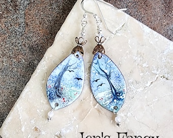 Winter Tree Enameled Earrings Sterling Silver, Unique Handcrafted Art Enameled Jewelry, Jen's Fancy, Gift for Her, Long Boho Art Earrings