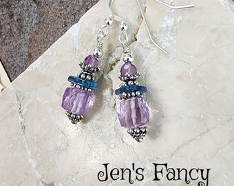 Amethyst & Fluorite Earrings Sterling Silver, Jen's Fancy, Unique Handcrafted Gemstone Jewelry, Gift for Her, Chakra Stone Earrings