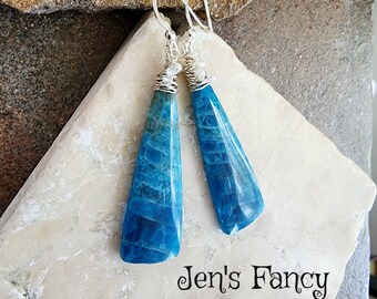 Blue Apatite Long Gemstone Earrings Sterling Silver Wire Wrapped, Jen's Fancy, Gift for Her, Sterling Wire Wrapped Jewelry, Healing Jewelry