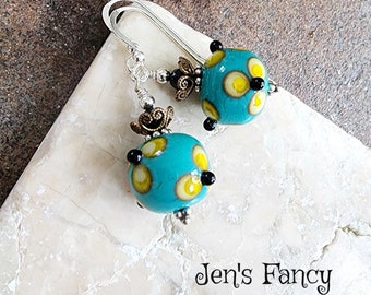 Floral Turquoise Art Glass Earrings with Black Tourmaline Gemstones Sterling Silver, Handcrafted Art Glass Jewelry, Gift for Her,Jen's Fancy