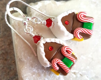 Gingerbread House Earrings - Sterling Silver Christmas Jewelry - Teacher Gift for Her